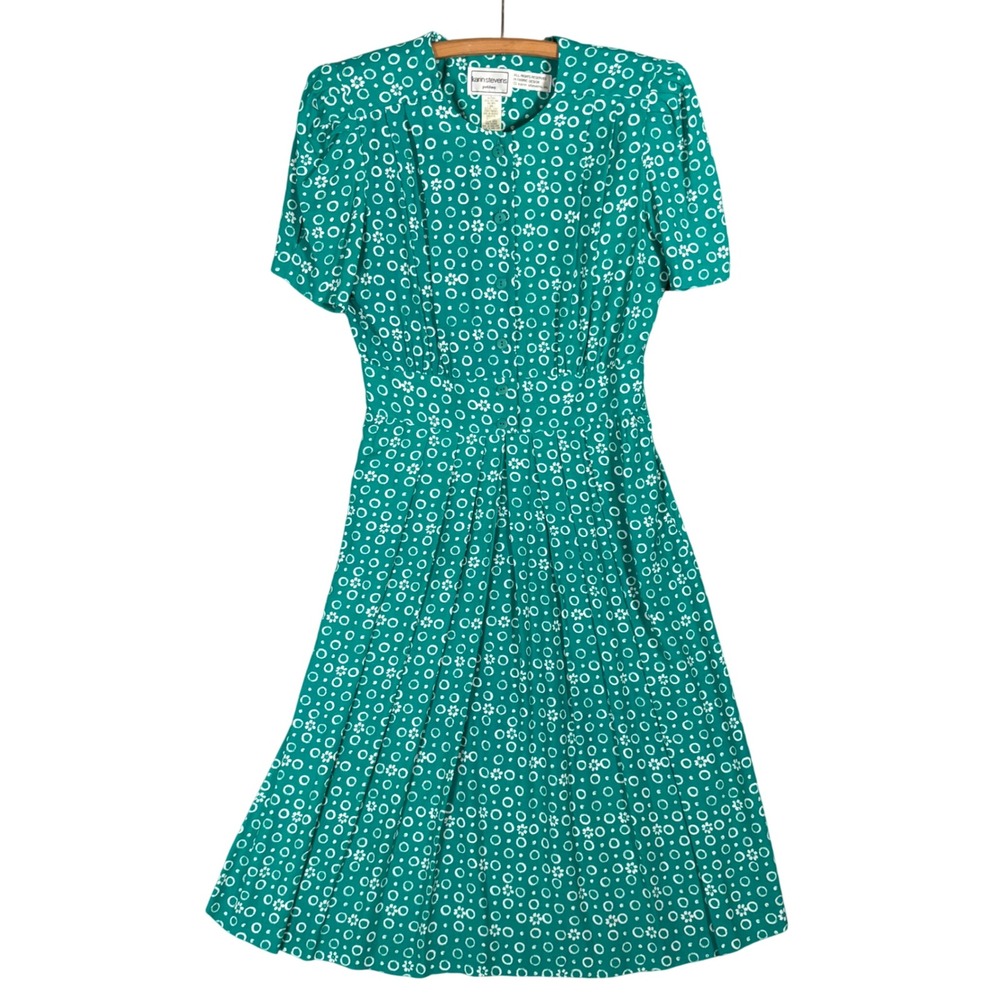 Karin Stevens Petites Vintage 80s Green Geometric Circle Print Midi Dress 14 MCM